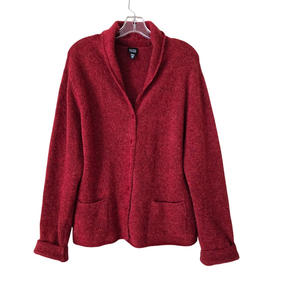 Eileen Fisher Red Wool Mohair Blend Shawl Collar Button Front Cardigan XL‎